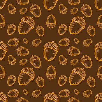Seamless pattern of handdrawn acorns in orange and brown, creating a rustic autumnal design ideal for fallthemed projects. vector