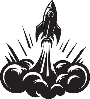 Striking black and white illustration of a powerful rocket launching into the sky with dynamic exhaust plumes and a clear background vector
