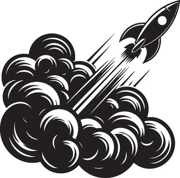 Dynamic spaceship launching into orbit graphic icon featuring a powerful rocket ascending against a starry cosmic background vector