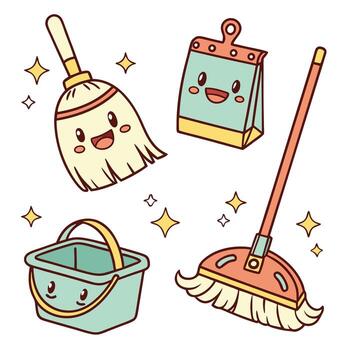 Charming cartoon sweeping icon set featuring ten adorable and versatile graphics for various design needs vector