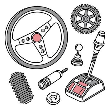 Comprehensive car parts icon set featuring a steering wheel and twenty unique automotive components for digital and print applications vector