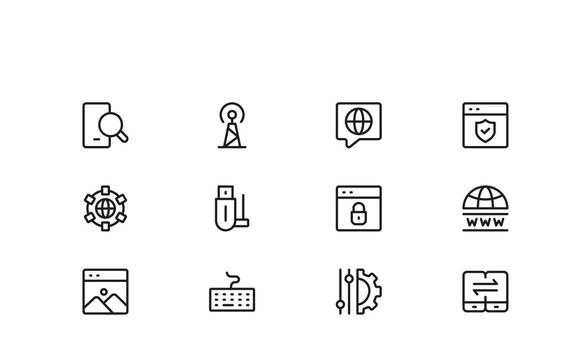 Modern Internet and Computer Icon Set Minimal Linear Illustrations of Technology, Cloud, Devices, Web, Data, and Networking Tools for Creative Design Projects vector