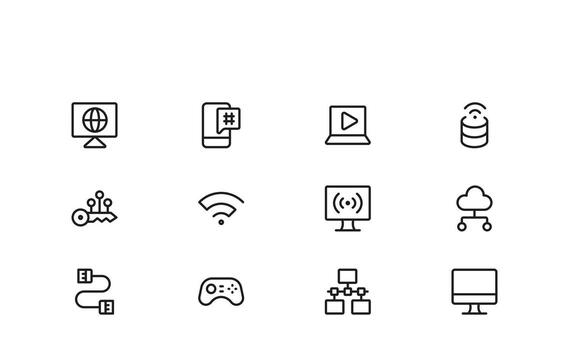 moderno Internet y computadora icono conjunto línea estilo presentando red, nube, y tecnología símbolos vector
