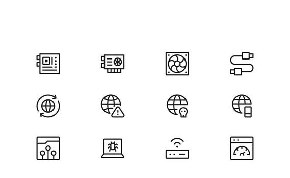 Modern Internet and Computer Set Icon Collection in Line Style Featuring Network, Cloud, and Technology Symbols vector