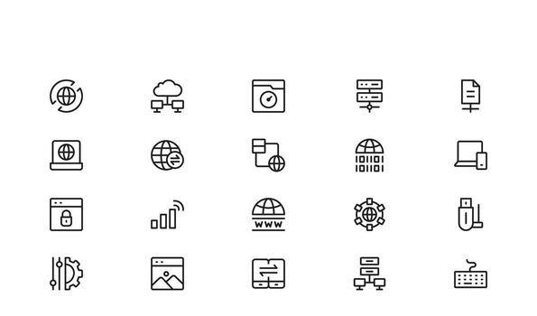 Internet y computadora icono conjunto en moderno contorno estilo mínimo lineal ilustraciones de red, tecnología, dispositivos, digital comunicación, un vector
