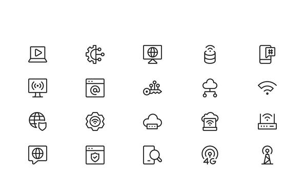 Modern Internet and Computer Icon Pack Set in Line Style Featuring Network, Cloud, and Technology Symbols vector