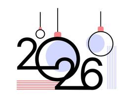 Modern 2026 New Year illustration bold typography and abstract hanging ornaments in minimalist style for greeting cards, posters,web banners, email headers, calendars, social media promotions. vector