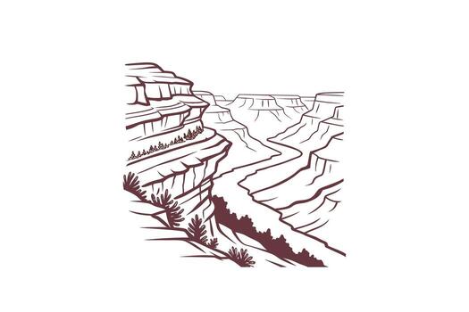 A drawing of a canyon with a river running through it vector