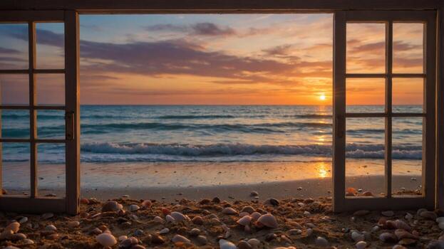 Serene sunset view through an open window, showcasing a beach with seashells and gentle waves photo