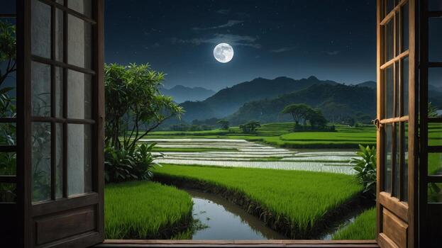 Serene Night View of Lush Rice Fields Under a Full Moon from an Open Window with Mountains Beyond photo