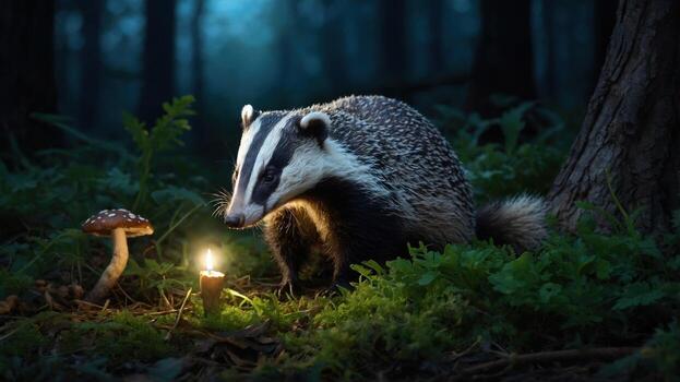 A badger exploring a mystical forest at night, illuminated by a candle next to a mushroom, creating a serene atmosphere photo