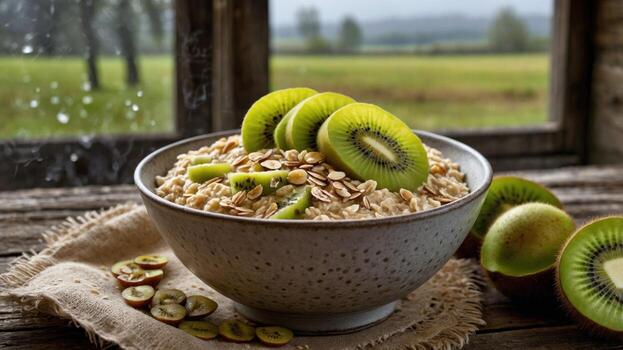 Bowl of oatmeal topped with fresh kiwi slices, set on a rustic wooden table near a window with a scenic view photo