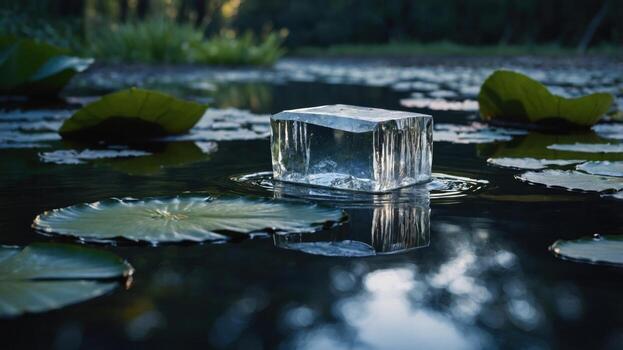 A clear ice block floating serenely on a tranquil pond surrounded by lush lily pads and greenery photo