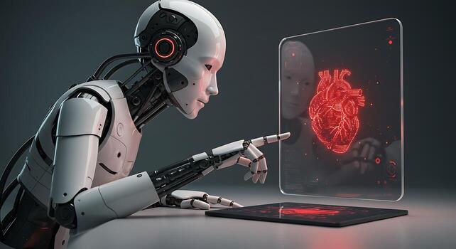 A robot is looking at a computer screen with a heart on it photo