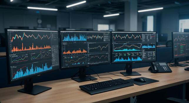 Three computer monitors with different graphs on them photo