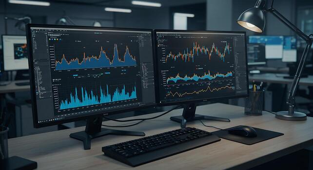 Advanced Financial Analytics Workstation with Dual Monitors Displaying Market Data photo