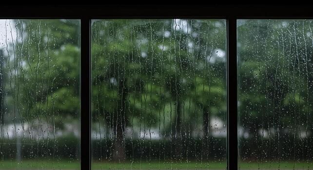 Raindrops Streaking Down a Window Pane with Blurred Greenery Background photo
