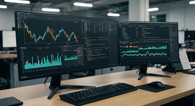 Dual Monitor Setup Displaying Complex Financial Data and Trading Charts photo