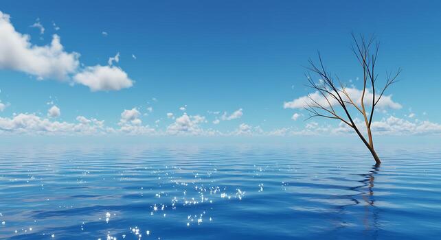 A tree is floating in the water with clouds in the background photo
