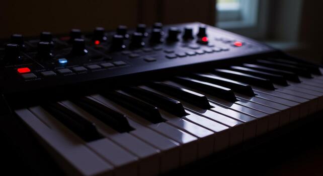A close up of a keyboard with a window in the background photo