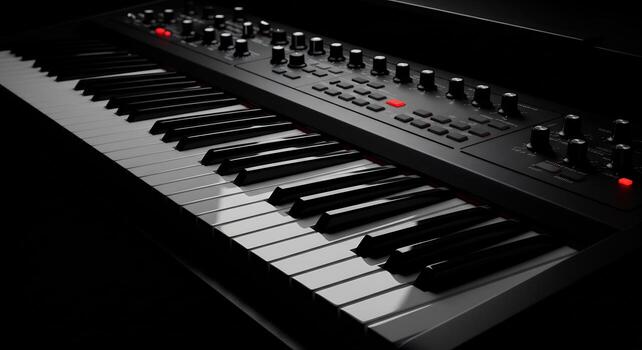 Sleek Synthesizer Keyboard with Glowing Red Controls in Dramatic Low-Key Lighting photo