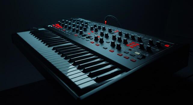 Sleek Synthesizer Keyboard with Glowing Red Controls in a Dark, Moody Studio Setting photo