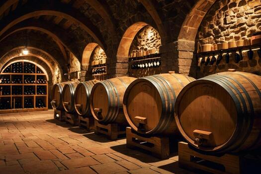 Atmosphere of a wine cellar with barrels of wine photo