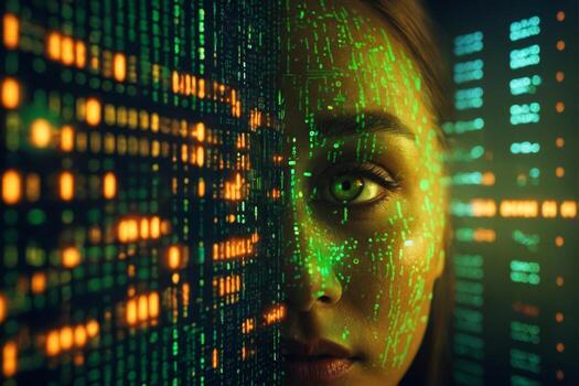 A woman's face with digital blue interface with pixelated data stream, binary code, and encryption concept with glowing dots photo