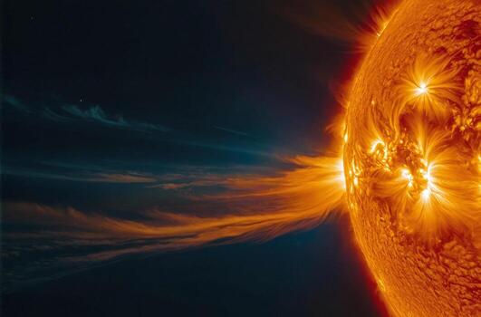 Plasma flash on the surface of a our star. Solar flares. Magnetic storms on the sun photo