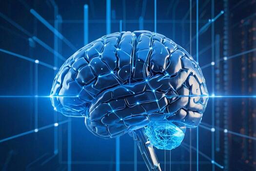 A futuristic model of the human brain connected to a digital network. Futuristic A blue brain is shown in front of a network of dots photo