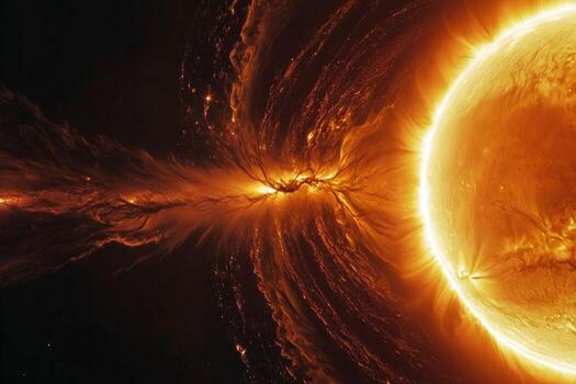 Sun with magnetic storms. Plasma flash on the surface of a our star. Solar flares. Magnetic storms on the sun photo