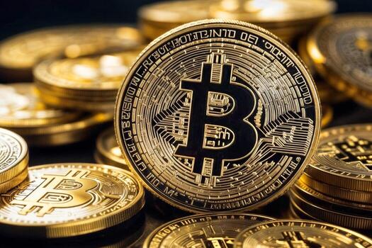 A striking closeup of a stack of gleaming gold Bitcoin cryptocurrency coins on a sleek black background, symbolizing wealth, innovation, and digital finance in the modern age. photo