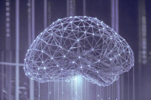 Abstract glowing polygonal brain network on dark blue background with digital technology concept photo