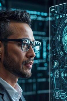 An intelligent and pensive looking man wearing glasses is gazing at a cutting-edge interface that displays a brain scan. The interface is a window into the future of human-computer interaction. photo
