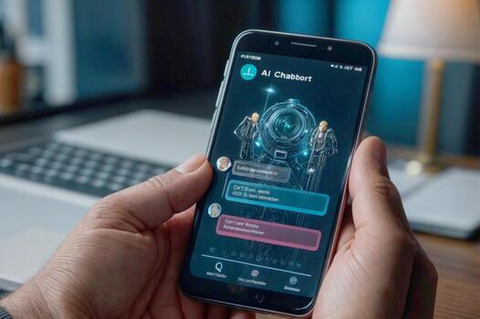 Hands holding a smartphone with an advanced AI chatbot interface, showcasing cutting-edge technology in communication and seamless interaction between humans and machines photo