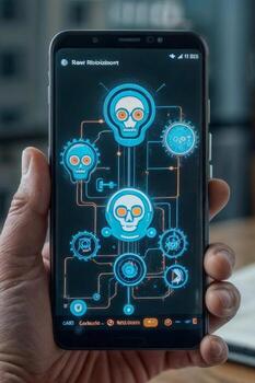 Hands holding a smartphone with an advanced AI chatbot interface, showcasing cutting-edge technology. A unique image of a glowing blue skull pattern on a dark background, resembling a circuit board photo