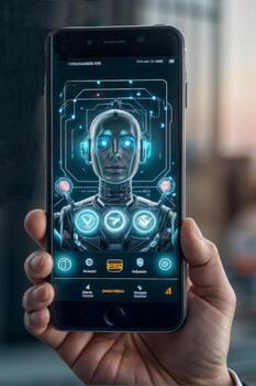 Businessman using futuristic smartphone with biometric face recognition technology photo
