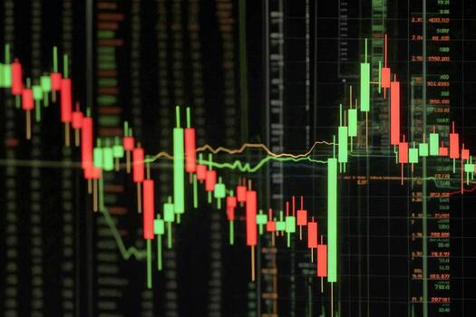 Stock exchange board graph background. Stock market chart green red candles black background photo