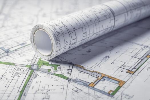 The part of architectural project. Partially visible blueprints, architectural plans photo