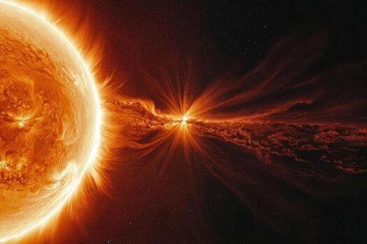 Sun with magnetic storms. Plasma flash on the surface of a our star. Solar flares photo