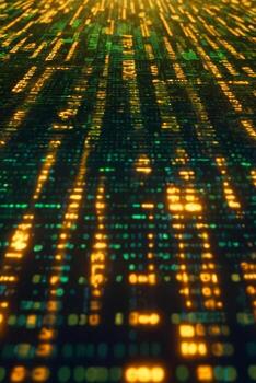 Digital green interface with pixelated data stream, binary code, and encryption concept with glowing dots photo