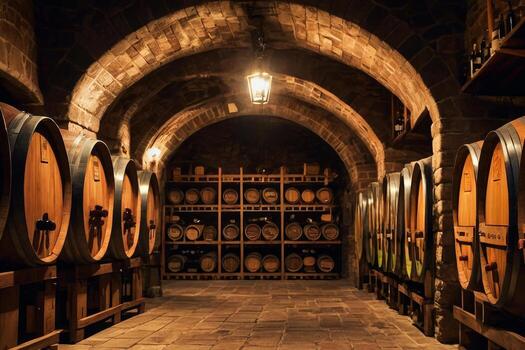 Wine cellar with barrels of wine photo