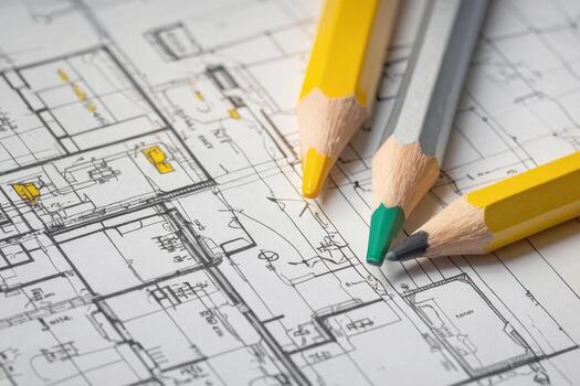 Three yellow pencils on a technical drawing project and an architectural plan on the table. The part of architectural project photo
