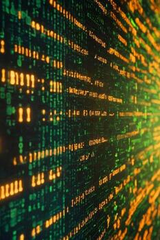 Digital interface with pixelated data stream, binary code, and encryption concept with glowing dots photo