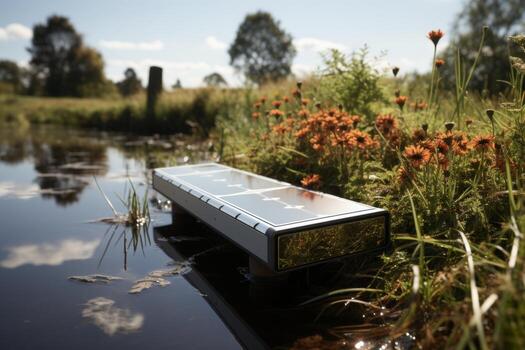Solar panel reflecting on home pond, utilizing renewable energy for eco-friendly power generation photo