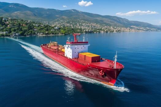 container ship in motion on a clear summer day at sea photo