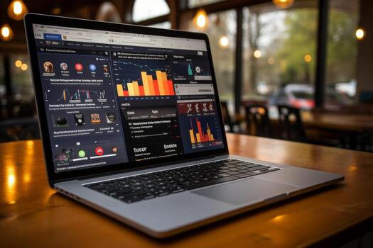 Business crm laptop with digital data display, ai overview and platform performance analysis photo