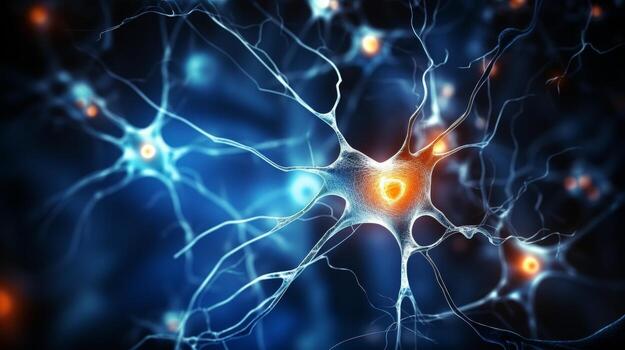 Close-up of blue neuron under microscope in laboratory setting for scientific research and studying photo