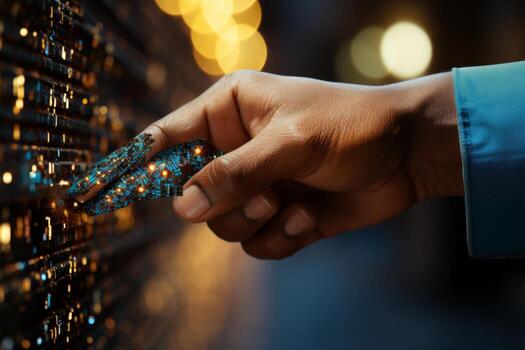 empresario utilizando ai máquina aprendizaje en virtual pantalla con grande datos y computadora código foto