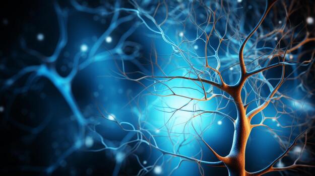 Neuron under the microscope in lab in blue photo